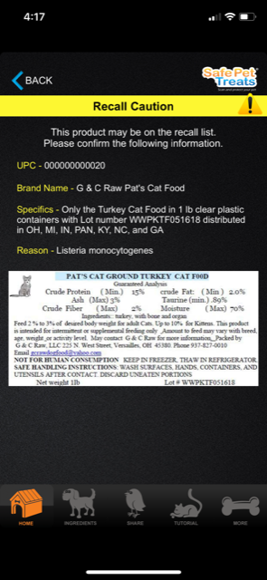 Safe Pet Treats app screenshot